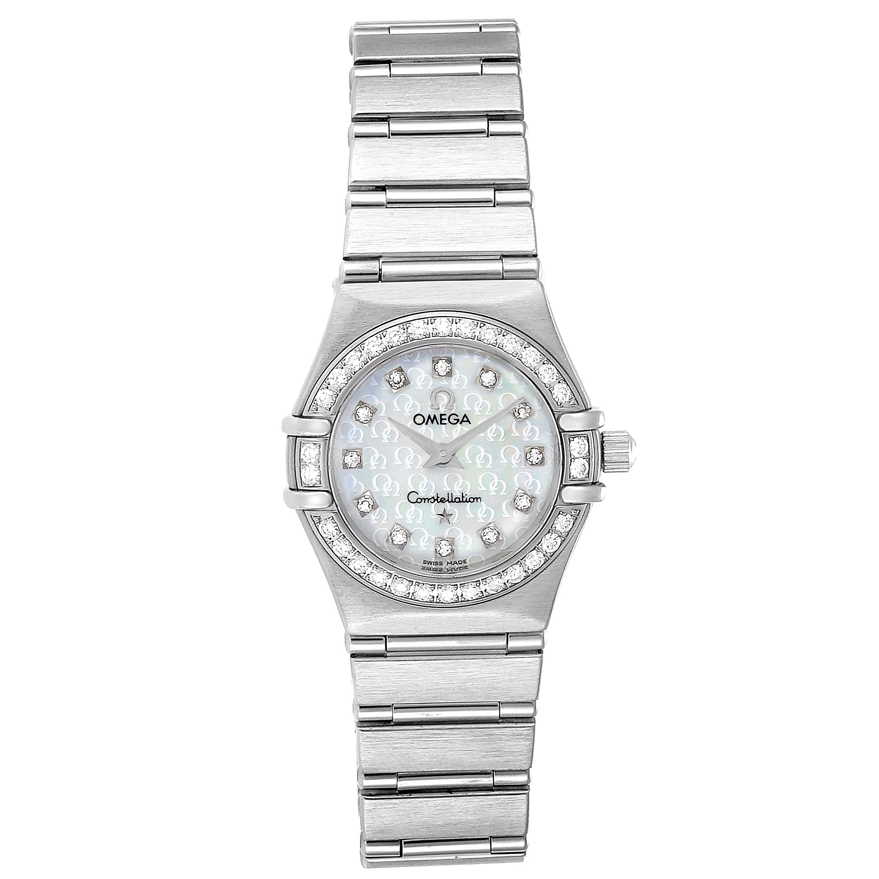 The image shows a front view of the Omega 1460.75.00 Women's Stainless Steel Mother of Pearl Dial 1460.75.00 Women's Stainless Steel Mother of Pearl Dial Constellation 95 Mini Diamond Ladies Watch 1460.75.00, displaying the face and bracelet.