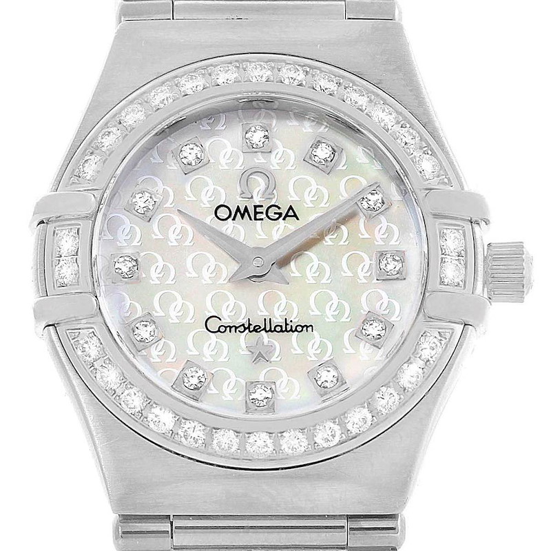 This image shows a frontal view of the Omega Constellation 95 Mini MOP Diamond Ladies Watch 1460.75.00, highlighting its diamond bezel and dial.