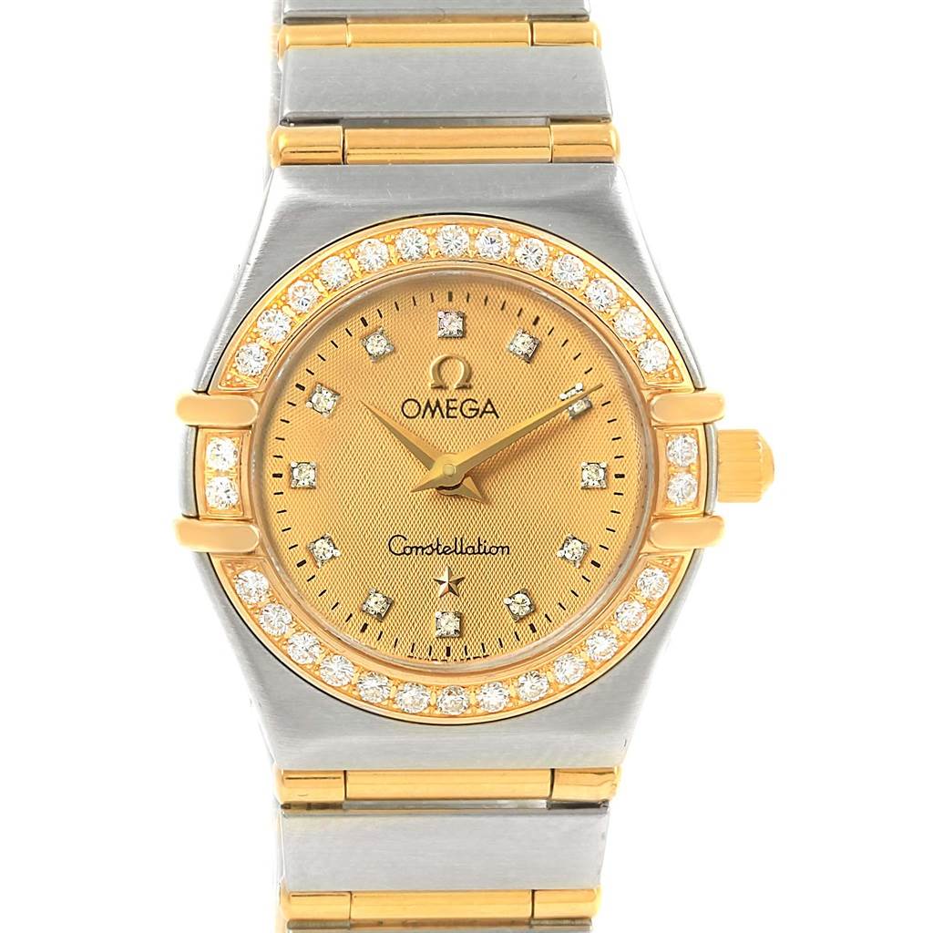 The Omega 1267.15.00 Women
s Steel and Gold (two tone) Champagne Dial 1267.15.00 Women
s Steel and Gold (two tone) Champagne Dial Constellation My Choice Mini Ladies Diamond Watch 1267.15.00 is shown from a top-down angle, displaying the dial, bezel, and bracelet.
