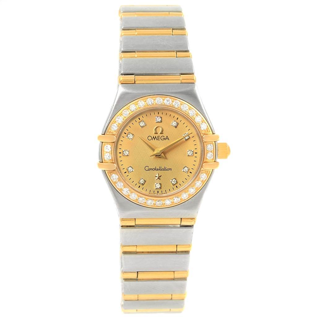 The image shows a front view of the Omega 1267.15.00 Women
s Steel and Gold (two tone) Champagne Dial 1267.15.00 Women
s Steel and Gold (two tone) Champagne Dial Constellation My Choice Mini Ladies Diamond Watch 1267.15.00, displaying its full face and band.