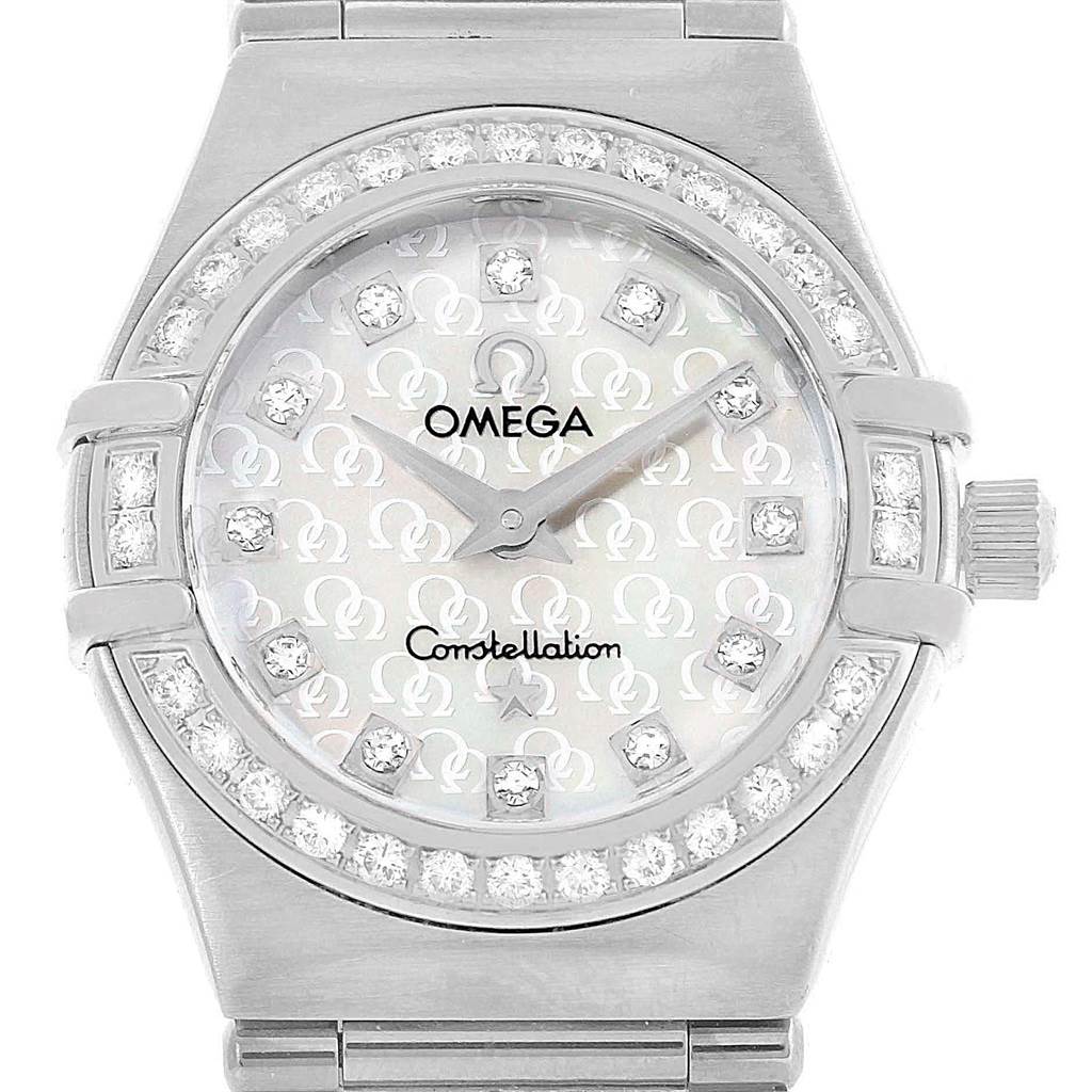 The image shows a front view of the Omega 1460.75.00 Women
s Stainless Steel Mother of Pearl Dial 1460.75.00 Women
s Stainless Steel Mother of Pearl Dial Constellation 95 Mini MOP Diamonds Ladies Watch 1460.75.00, focusing on the dial and bezel.