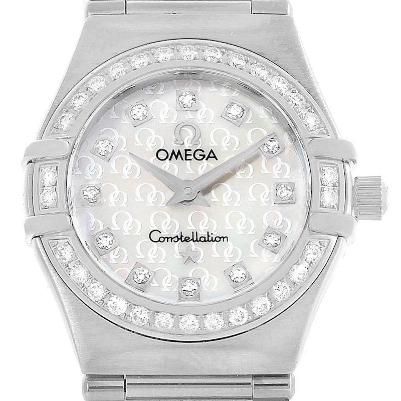 The image shows a front view of the Omega Constellation 95 Mini MOP Diamonds Ladies Watch 1460.75.00, focusing on the dial and bezel.