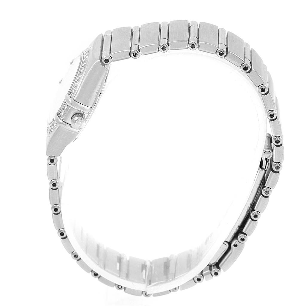 The image shows a side view of the Omega 1460.75.00 Women
s Stainless Steel Mother of Pearl Dial 1460.75.00 Women
s Stainless Steel Mother of Pearl Dial Constellation 95 Mini MOP Diamonds Ladies Watch 1460.75.00, focusing on the bracelet and case profile.