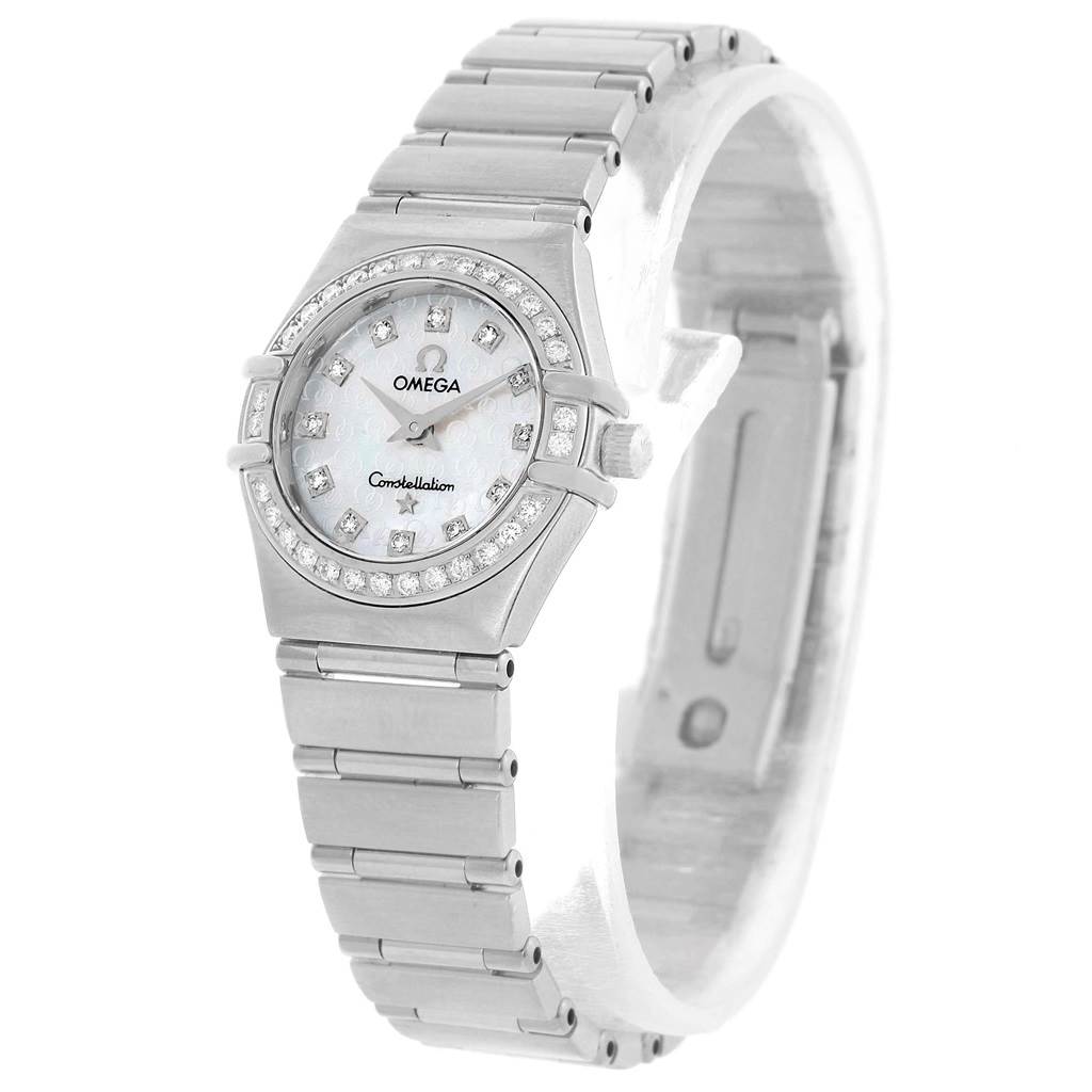 The image shows a front and side angle of the Omega 1460.75.00 Women
s Stainless Steel Mother of Pearl Dial 1460.75.00 Women
s Stainless Steel Mother of Pearl Dial Constellation 95 Mini MOP Diamonds Ladies Watch 1460.75.00, displaying the face, bezel, and bracelet.