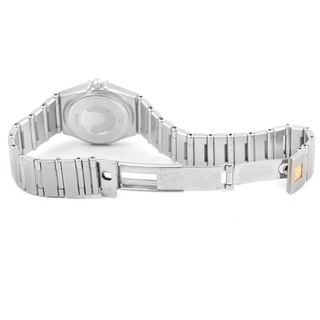 The image shows the back view of an Omega 1460.75.00 Women
s Stainless Steel Mother of Pearl Dial 1460.75.00 Women
s Stainless Steel Mother of Pearl Dial Constellation 95 Mini MOP Diamonds Ladies Watch 1460.75.00 with the clasp open.