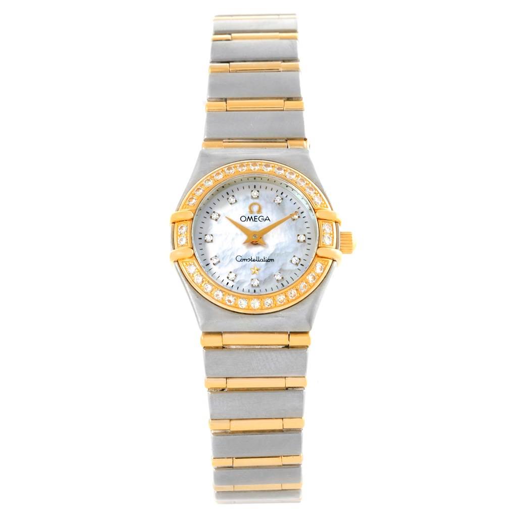 The image shows a front view of an Omega 1267.75.00 Women
s Steel and Gold (two tone) Mother of Pearl Dial 1267.75.00 Women
s Steel and Gold (two tone) Mother of Pearl Dial Constellation Mini MOP Diamond Ladies Watch 1267.75.00, with its face and bracelet visible.