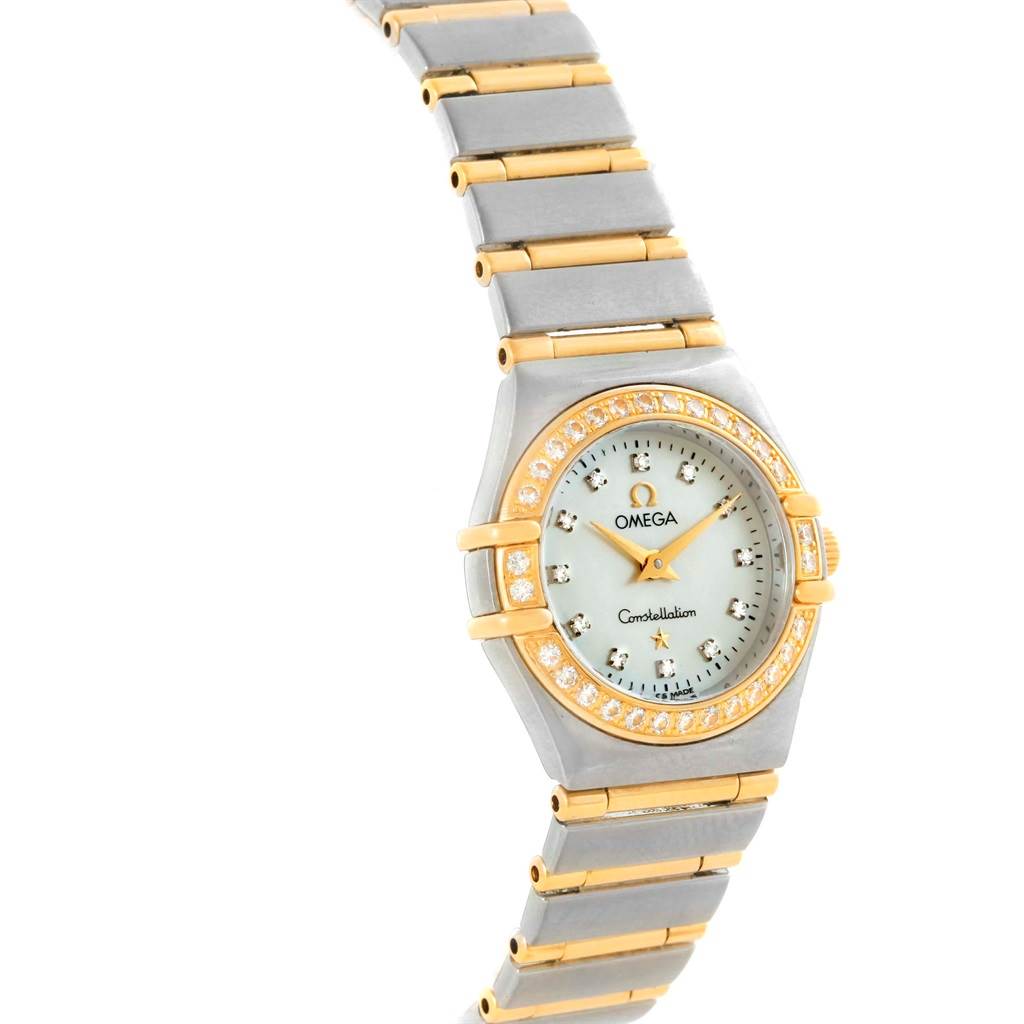 The Omega 1267.75.00 Women
s Steel and Gold (two tone) Mother of Pearl Dial 1267.75.00 Women
s Steel and Gold (two tone) Mother of Pearl Dial Constellation Mini MOP Diamond Ladies Watch 1267.75.00 is shown at a front angle highlighting its dial and bracelet.