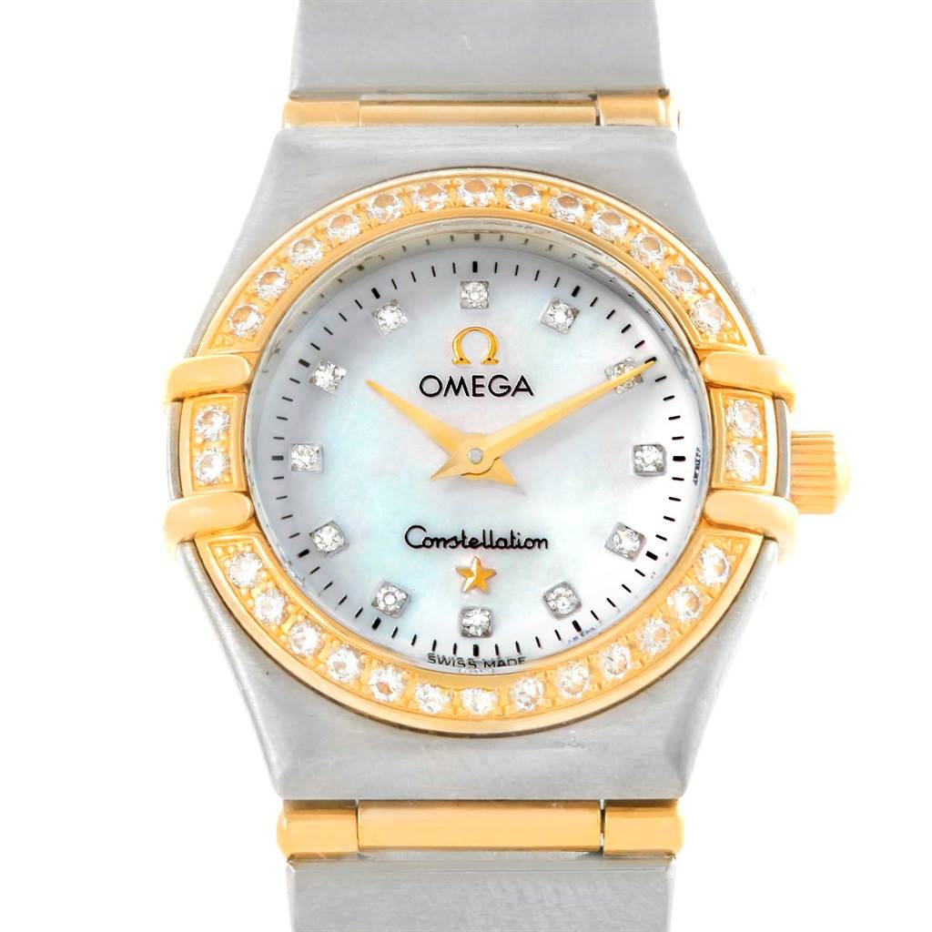 The image shows a front view of the Omega 1267.75.00 Women
s Steel and Gold (two tone) Mother of Pearl Dial 1267.75.00 Women
s Steel and Gold (two tone) Mother of Pearl Dial Constellation Mini MOP Diamond Ladies Watch 1267.75.00, highlighting its diamond bezel and dial.
