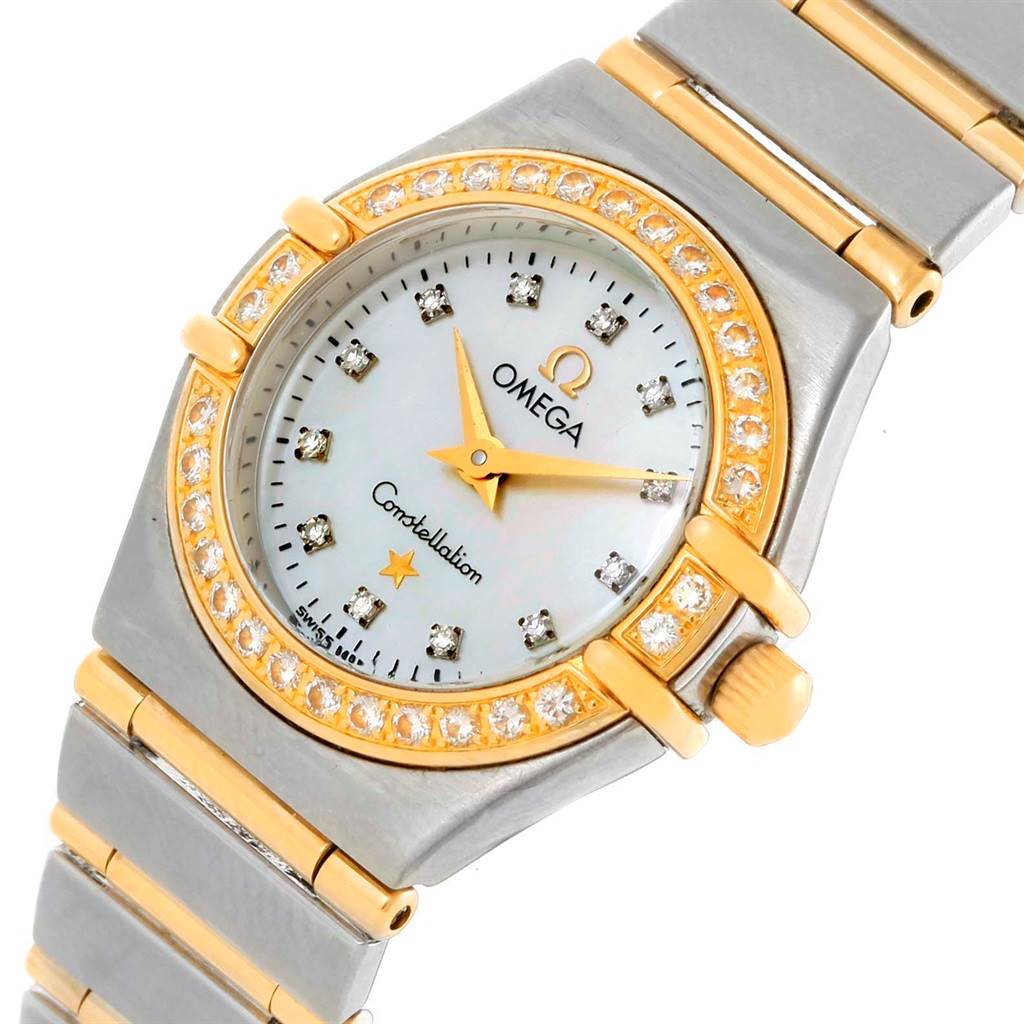 The Omega 1267.75.00 Women
s Steel and Gold (two tone) Mother of Pearl Dial 1267.75.00 Women
s Steel and Gold (two tone) Mother of Pearl Dial Constellation My Choice Mini MOP Diamond Ladies Watch 1267.75.00 is shown at a slight angle, highlighting its face, bezel, and part of the bracelet.