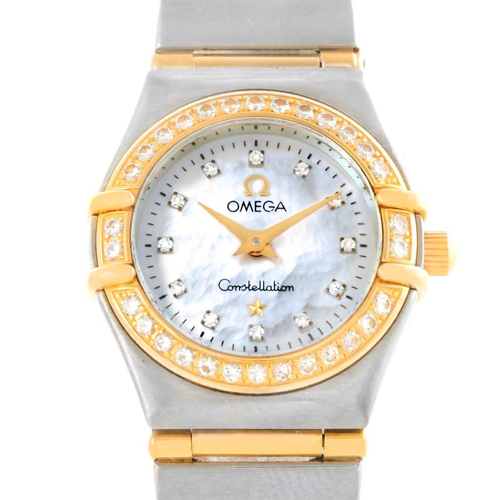 This image shows the face, bezel, and bracelet of the Omega 1267.75.00 Women
s Steel and Gold (two tone) Mother of Pearl Dial 1267.75.00 Women
s Steel and Gold (two tone) Mother of Pearl Dial Constellation My Choice Mini MOP Diamond Ladies Watch 1267.75.00.