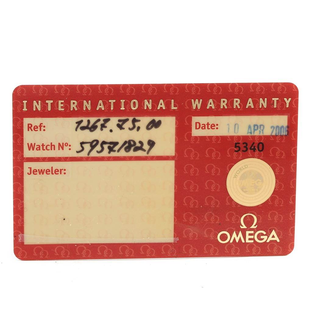 This image shows the international warranty card for the Omega 1267.75.00 Women
s Steel and Gold (two tone) Mother of Pearl Dial 1267.75.00 Women
s Steel and Gold (two tone) Mother of Pearl Dial Constellation My Choice Mini MOP Diamond Ladies Watch 1267.75.00.