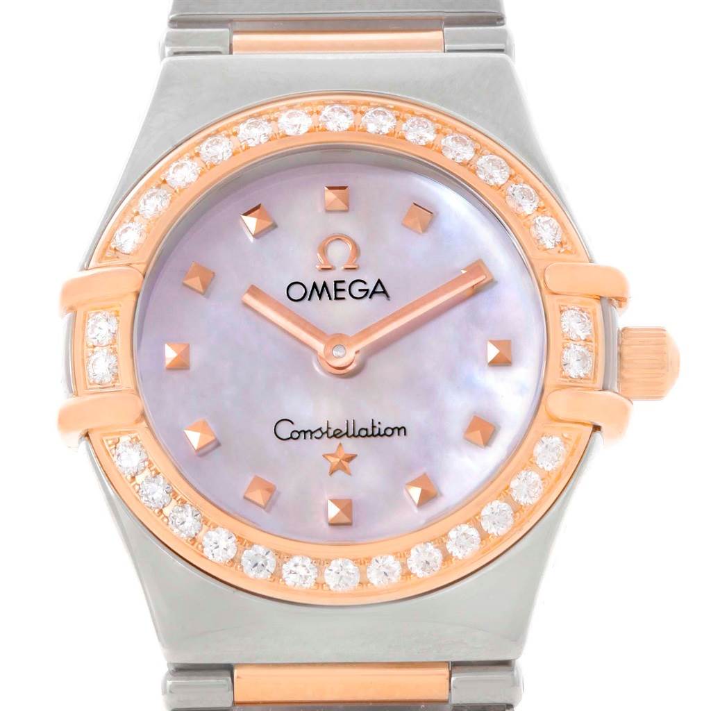 The image shows a frontal view of the Omega 1368.71.00 Women's Steel and Gold (two tone) Mother of Pearl Dial 1368.71.00 Women's Steel and Gold (two tone) Mother of Pearl Dial Constellation My Choice Mini Diamond Ladies Watch 1368.71.00.