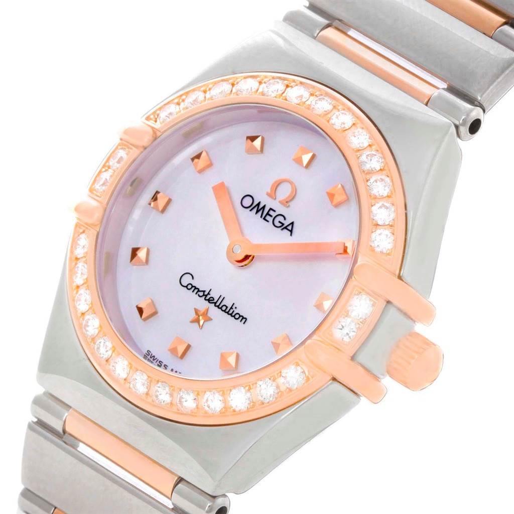 The image shows a close-up view of the face and part of the band of the Omega 1368.71.00 Women's Steel and Gold (two tone) Mother of Pearl Dial 1368.71.00 Women's Steel and Gold (two tone) Mother of Pearl Dial Constellation My Choice Mini Diamond Ladies Watch 1368.71.00.