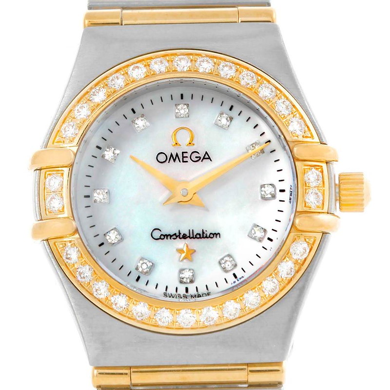 The image shows the Omega Constellation Mini Mother of Pearl Diamond Watch (model 1267.75.00) from a front angle, displaying the dial, bezel, and bracelet.