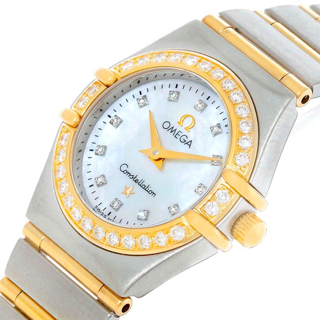The Omega 1267.75.00 Women's Steel and Gold (two tone) Mother of Pearl Dial 1267.75.00 Women's Steel and Gold (two tone) Mother of Pearl Dial Constellation Mini Mother of Pearl Diamond Watch 1267.75.00 is shown at an angled close-up, highlighting the face, bezel, and part of the band.