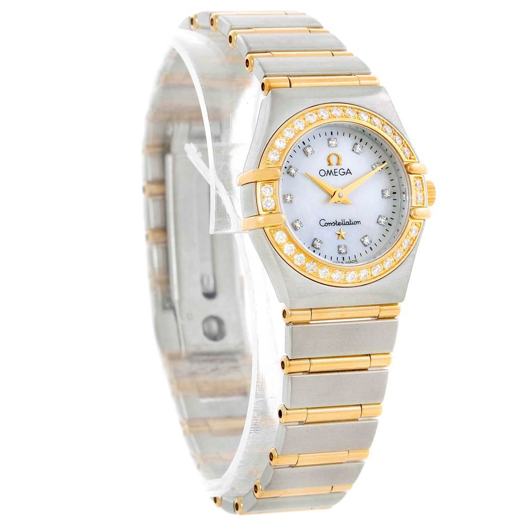 The Omega 1267.75.00 Women's Steel and Gold (two tone) Mother of Pearl Dial 1267.75.00 Women's Steel and Gold (two tone) Mother of Pearl Dial Constellation Mini Mother of Pearl Diamond Watch 1267.75.00 is shown at a three-quarter angle, displaying the face, bezel, and metal bracelet.
