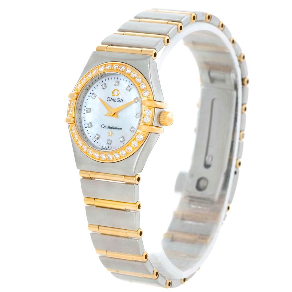 This image shows the front and side view of the Omega 1267.75.00 Women's Steel and Gold (two tone) Mother of Pearl Dial 1267.75.00 Women's Steel and Gold (two tone) Mother of Pearl Dial Constellation Mini Mother of Pearl Diamond Watch 1267.75.00 model.