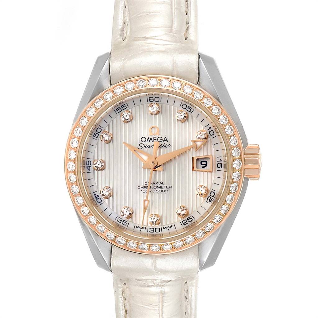 The Omega 231.28.30.20.55.001 Women's Steel and Gold (two tone) Mother of Pearl Dial 231.28.30.20.55.001 Women's Steel and Gold (two tone) Mother of Pearl Dial Aqua Terra Steel Rose Gold Diamond Watch model 231.28.30.20.55.001 is shown from the front, displaying its dial and strap.