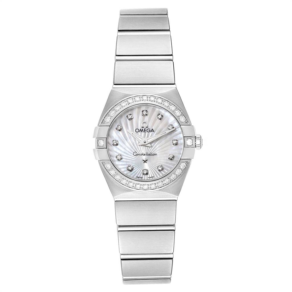 This image shows a front view of the Omega 123.15.24.60.55.004 Women's Stainless Steel Mother of Pearl Dial 123.15.24.60.55.004 Women's Stainless Steel Mother of Pearl Dial Constellation Steel MOP Diamond Watch 123.15.24.60.55.004 Unworn model.