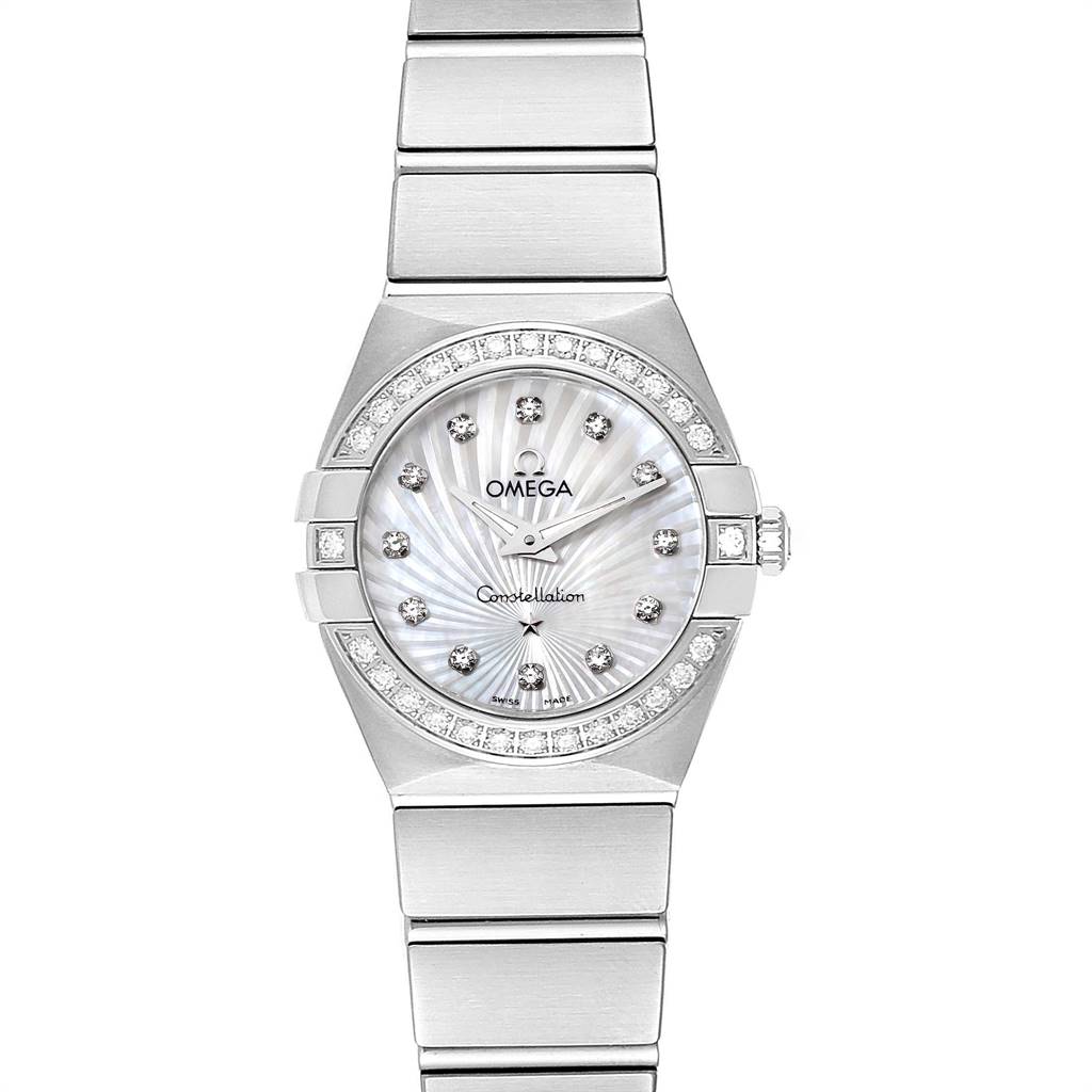 The image shows the face and bracelet of the Omega 123.15.24.60.55.004 Women's Stainless Steel Mother of Pearl Dial 123.15.24.60.55.004 Women's Stainless Steel Mother of Pearl Dial Constellation Steel MOP Diamond Watch 123.15.24.60.55.004 from a front view.