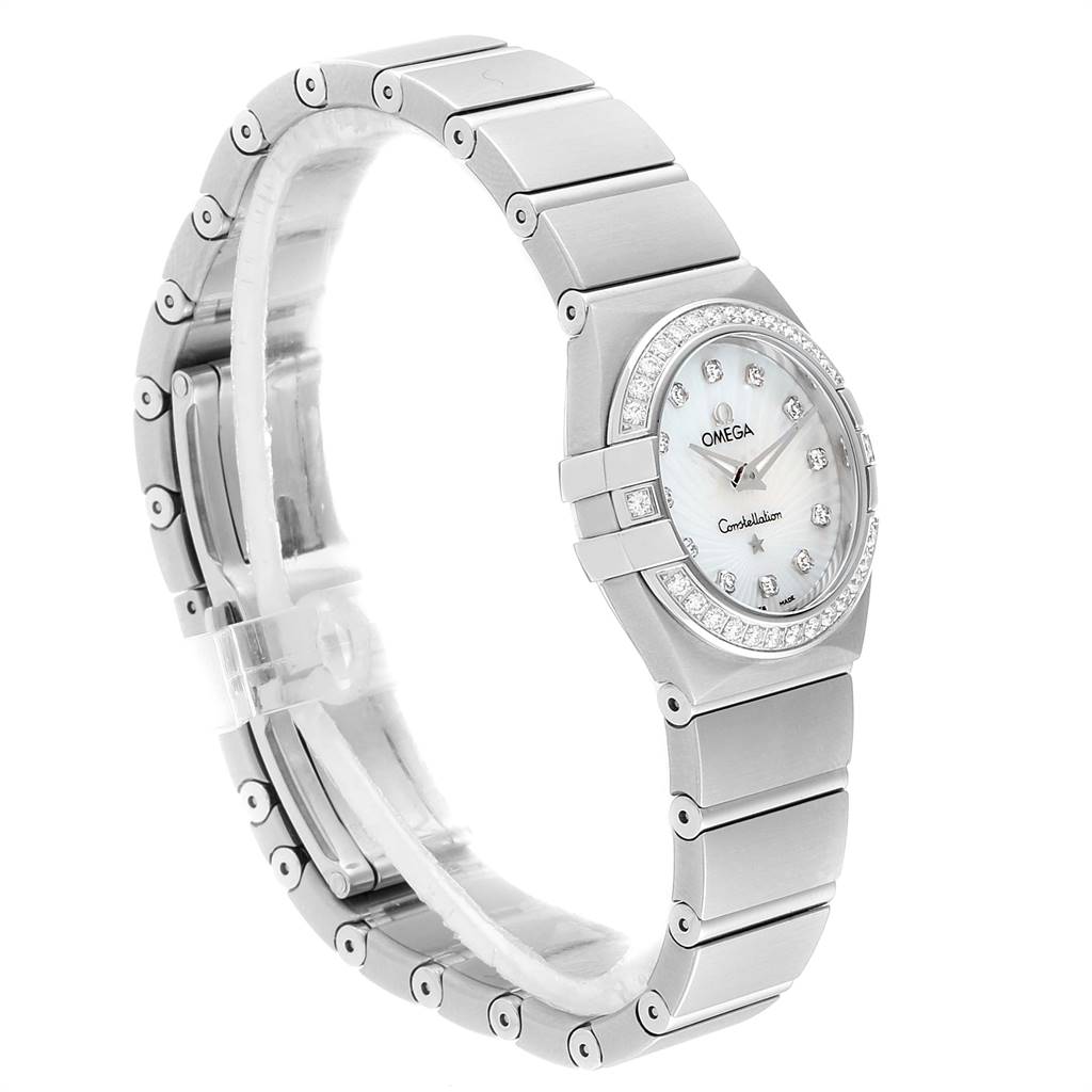 The image shows an angled side view of the Omega 123.15.24.60.55.004 Women's Stainless Steel Mother of Pearl Dial 123.15.24.60.55.004 Women's Stainless Steel Mother of Pearl Dial Constellation Steel MOP Diamond Watch 123.15.24.60.55.004 with its dial and bracelet visible.