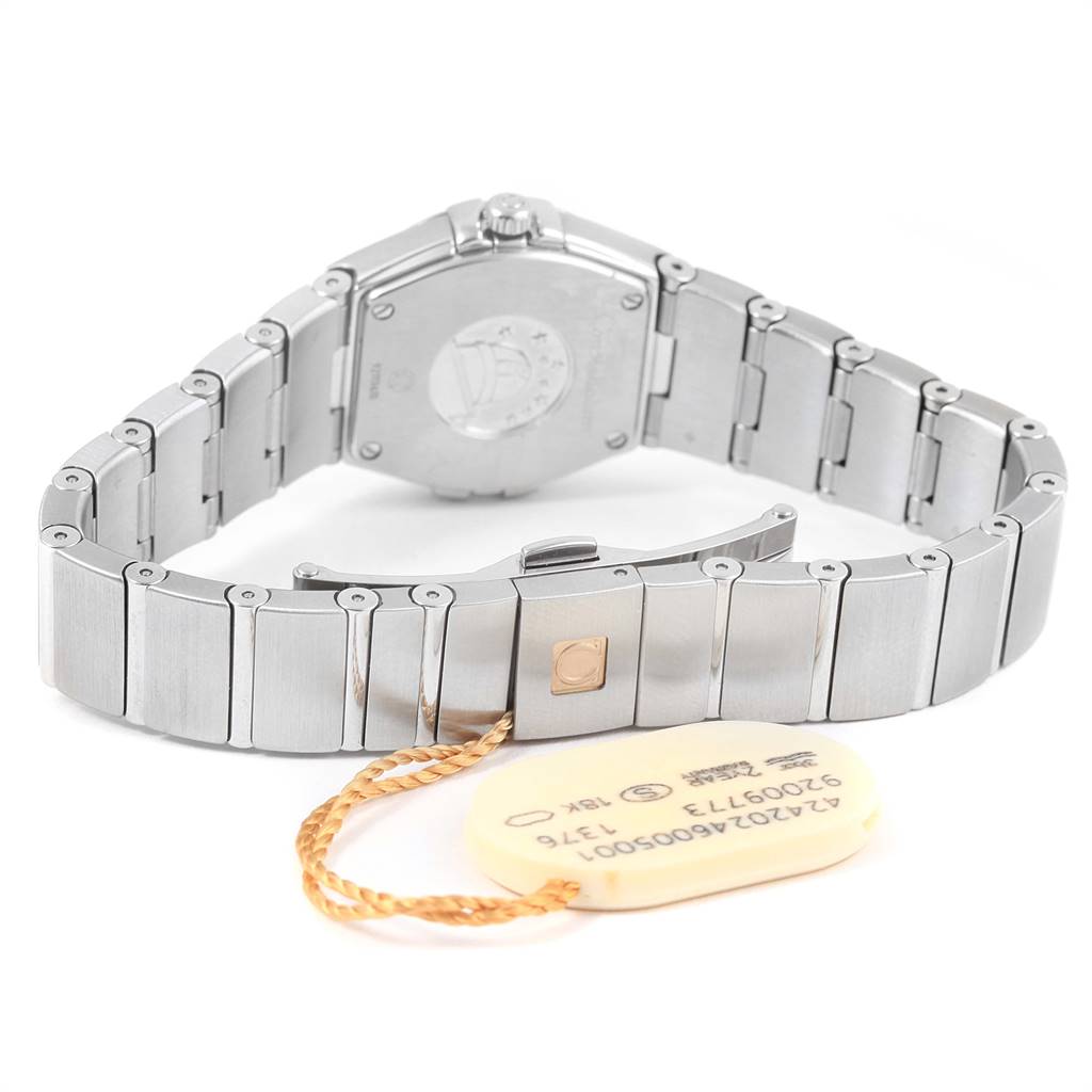 This image shows the back and bracelet of the Omega 123.15.24.60.55.004 Women's Stainless Steel Mother of Pearl Dial 123.15.24.60.55.004 Women's Stainless Steel Mother of Pearl Dial Constellation Steel MOP Diamond Watch, model 123.15.24.60.55.004.