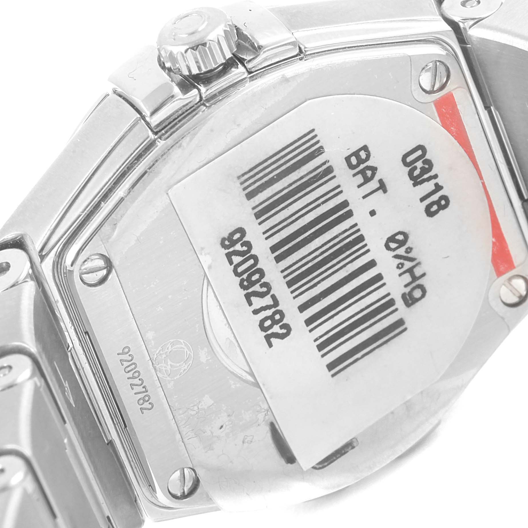 The image shows the back side of an Omega 123.15.24.60.55.004 Women's Stainless Steel Mother of Pearl Dial 123.15.24.60.55.004 Women's Stainless Steel Mother of Pearl Dial Constellation Steel MOP Diamond Watch 123.15.24.60.55.004 Unworn model, including the case back and crown.