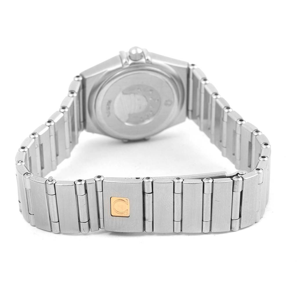 This image shows the back and bracelet of the Omega 1460.75.00 Women's Stainless Steel Mother of Pearl Dial 1460.75.00 Women's Stainless Steel Mother of Pearl Dial Constellation 95 Mini MOP Diamonds Ladies Watch 1460.75.00, focusing on the clasp.