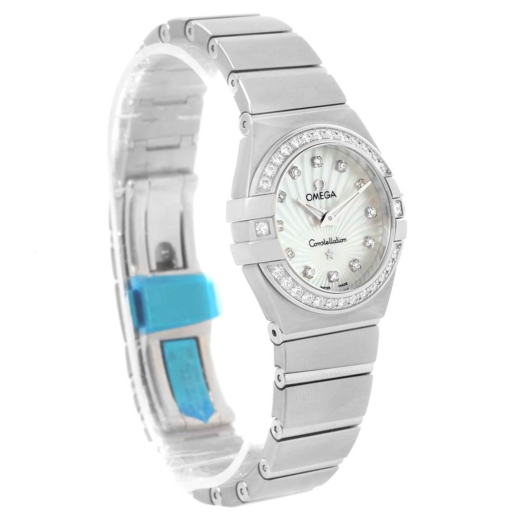 The image shows a side angle view of the Omega 123.15.24.60.55.004 Women
s Stainless Steel Mother of Pearl Dial 123.15.24.60.55.004 Women
s Stainless Steel Mother of Pearl Dial Constellation MOP Diamond Ladies Watch 123.15.24.60.55.004 Unworn model.