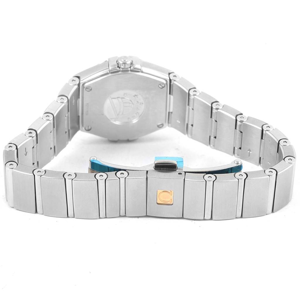 This image shows the back view of the Omega 123.15.24.60.55.004 Women
s Stainless Steel Mother of Pearl Dial 123.15.24.60.55.004 Women
s Stainless Steel Mother of Pearl Dial Constellation MOP Diamond Ladies Watch 123.15.24.60.55.004, focusing on the bracelet and clasp.