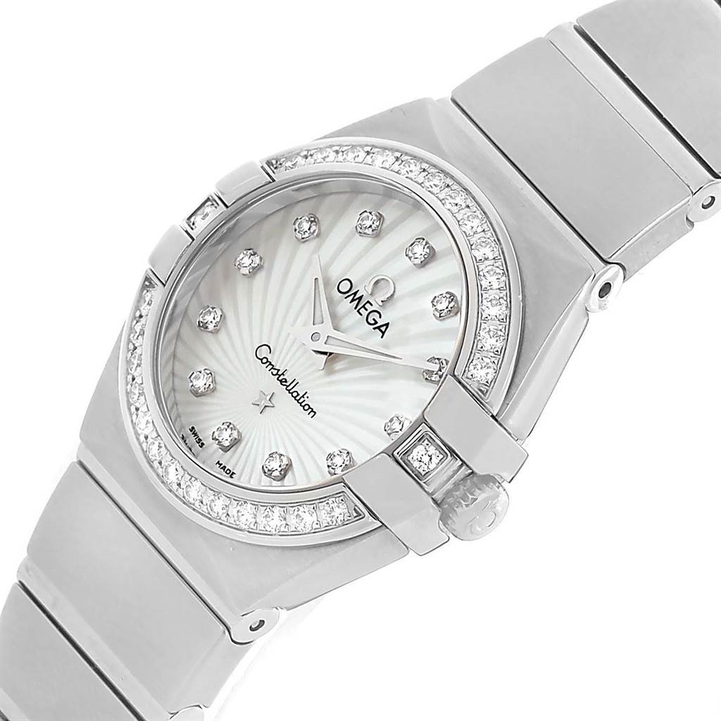 The image shows the front angle of the Omega 123.15.24.60.55.004 Women's Stainless Steel Mother of Pearl Dial 123.15.24.60.55.004 Women's Stainless Steel Mother of Pearl Dial Constellation MOP Diamonds Ladies Watch 123.15.24.60.55.004, highlighting its dial and bracelet.