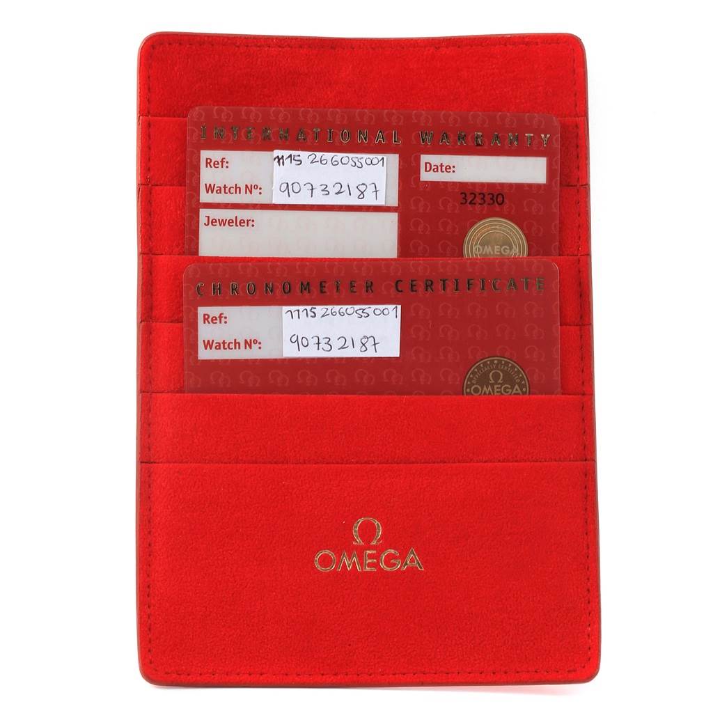 The image shows the warranty and chronometer certificate cards for the Omega 123.15.24.60.55.004 Women's Stainless Steel Mother of Pearl Dial 123.15.24.60.55.004 Women's Stainless Steel Mother of Pearl Dial Constellation MOP Diamonds Ladies Watch 123.15.24.60.55.004.