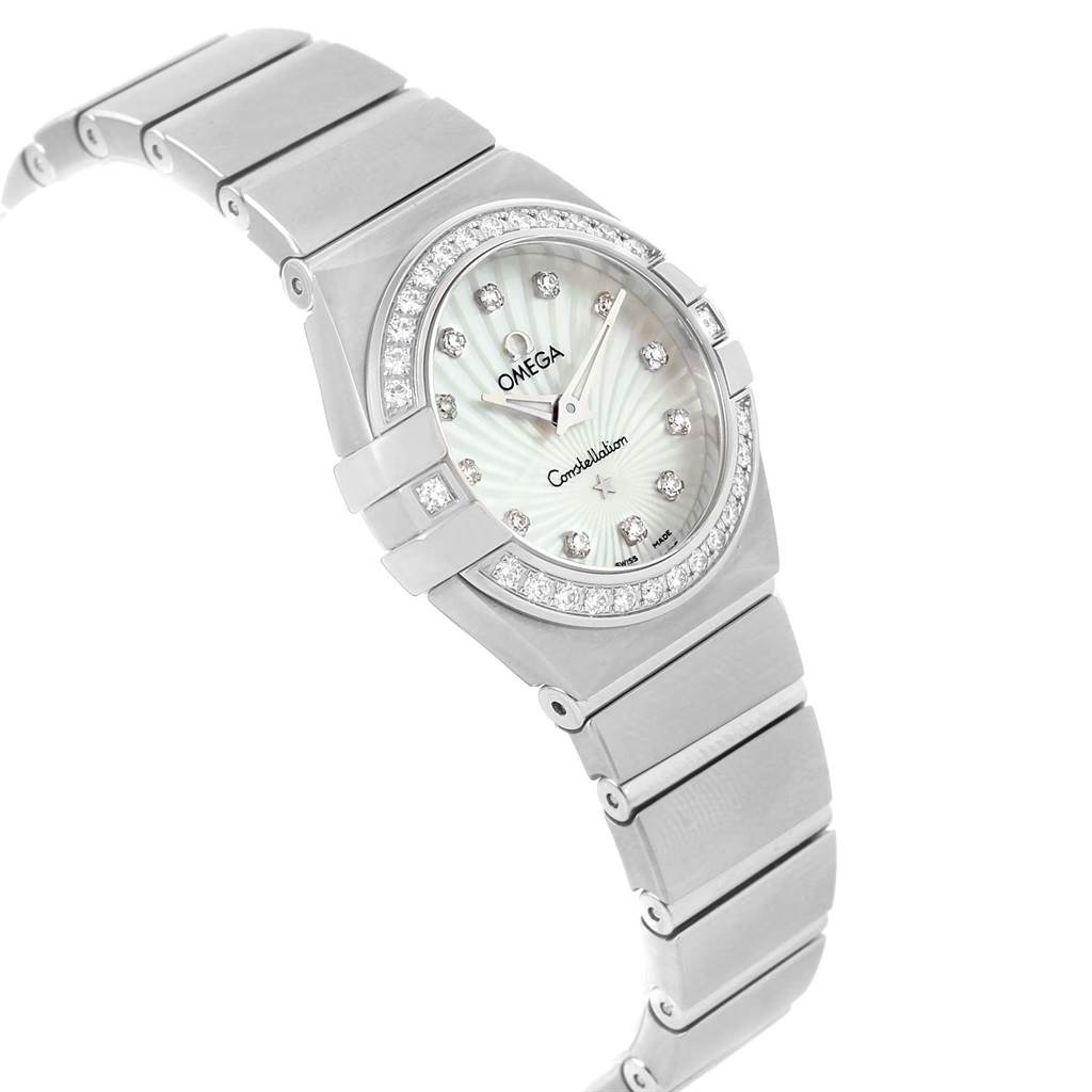 This is a side-angled view of the Omega 123.15.24.60.55.004 Women's Stainless Steel Mother of Pearl Dial 123.15.24.60.55.004 Women's Stainless Steel Mother of Pearl Dial Constellation MOP Diamonds Ladies Watch model 123.15.24.60.55.004 Unworn, showcasing the dial, bezel, and bracelet.