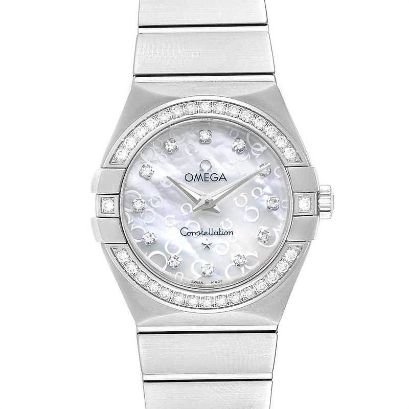 The image shows a frontal view of an Omega Constellation MOP Diamonds Ladies Watch 123.15.27.60.55.005 Unworn model, displaying its face and bracelet.