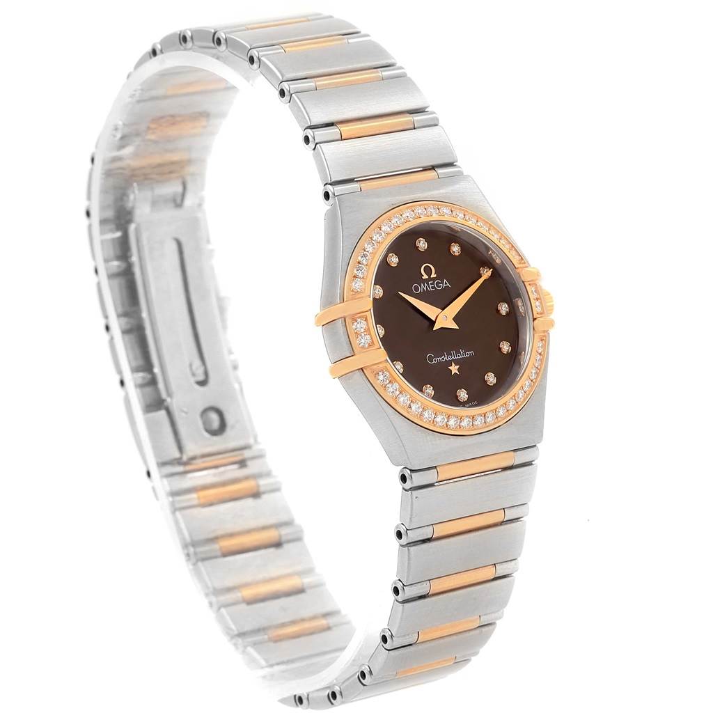 The Omega 1358.60.00 Women's Steel and Gold (two tone) Brown Dial 1358.60.00 Women's Steel and Gold (two tone) Brown Dial Constellation 95 Steel Rose Gold Diamond Watch 1358.60.00 is shown at an angle highlighting the watch face, bezel, and bracelet.