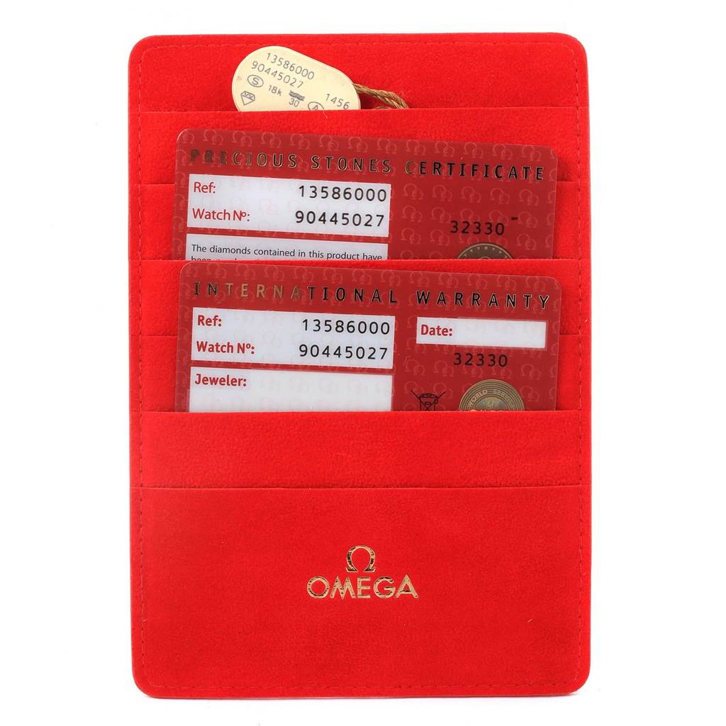 The image shows the certification and warranty cards for an Omega 1358.60.00 Women's Steel and Gold (two tone) Brown Dial 1358.60.00 Women's Steel and Gold (two tone) Brown Dial Constellation 95 Steel Rose Gold Diamond Watch model 1358.60.00.