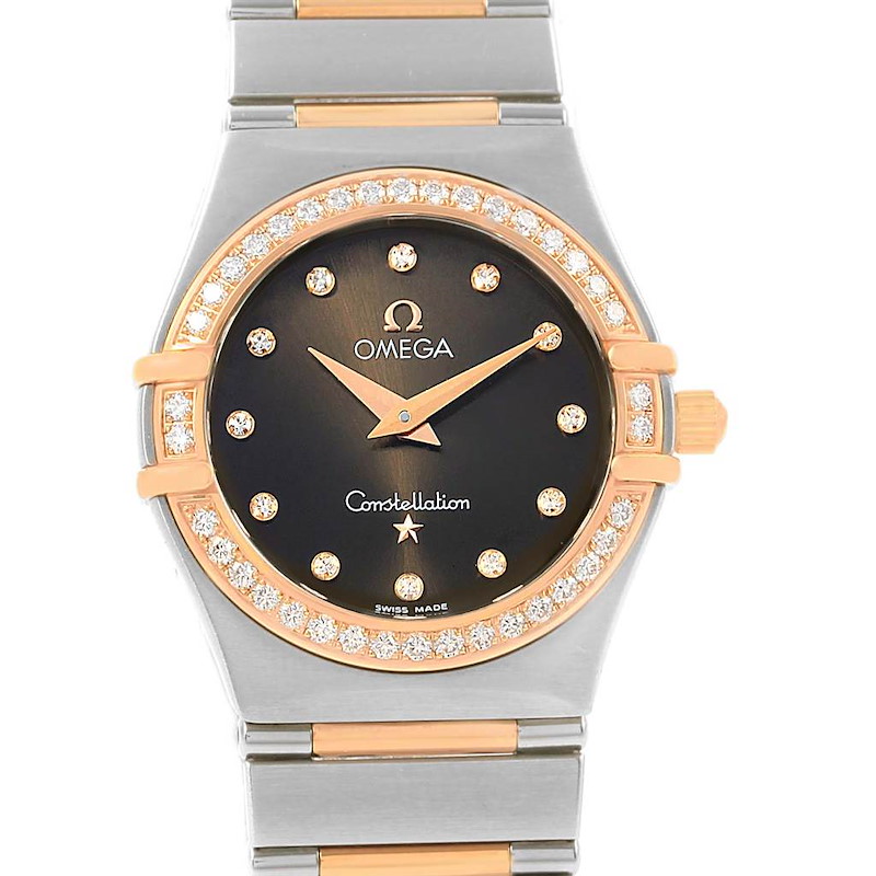 The image shows a front view of the Omega Constellation 95 Steel Rose Gold Diamond Watch 1358.60.00 model, highlighting the face and part of the bracelet.