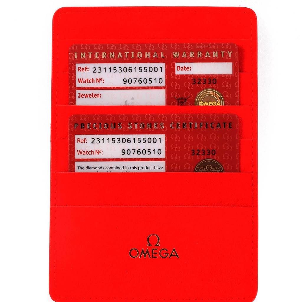 This image shows the International Warranty and Precious Stones Certificate cards for the Omega 231.15.30.61.55.001 Women's Stainless Steel Mother of Pearl Dial 231.15.30.61.55.001 Women's Stainless Steel Mother of Pearl Dial Aqua Terra MOP Diamond Ladies Watch 231.15.30.61.55.001.