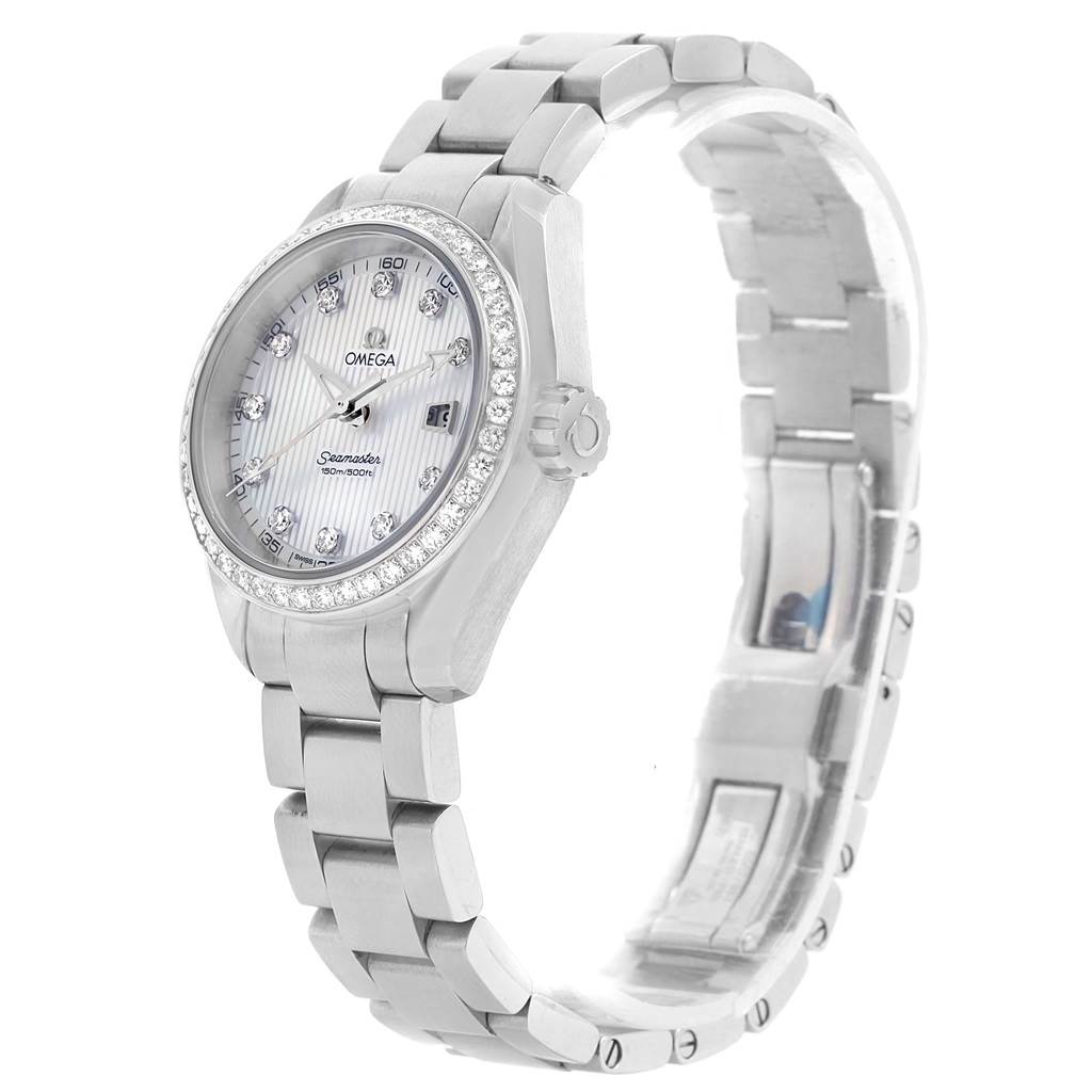 The image shows an Omega 231.15.30.61.55.001 Women's Stainless Steel Mother of Pearl Dial 231.15.30.61.55.001 Women's Stainless Steel Mother of Pearl Dial Aqua Terra MOP Diamond Ladies Watch model 231.15.30.61.55.001 from a front angle displaying the face and bracelet.