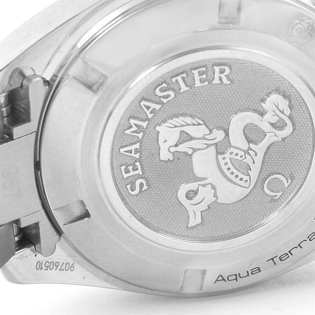 The image shows the back case of the Omega 231.15.30.61.55.001 Women's Stainless Steel Mother of Pearl Dial 231.15.30.61.55.001 Women's Stainless Steel Mother of Pearl Dial Aqua Terra MOP Diamond Ladies Watch model 231.15.30.61.55.001, featuring the Seahorse logo.