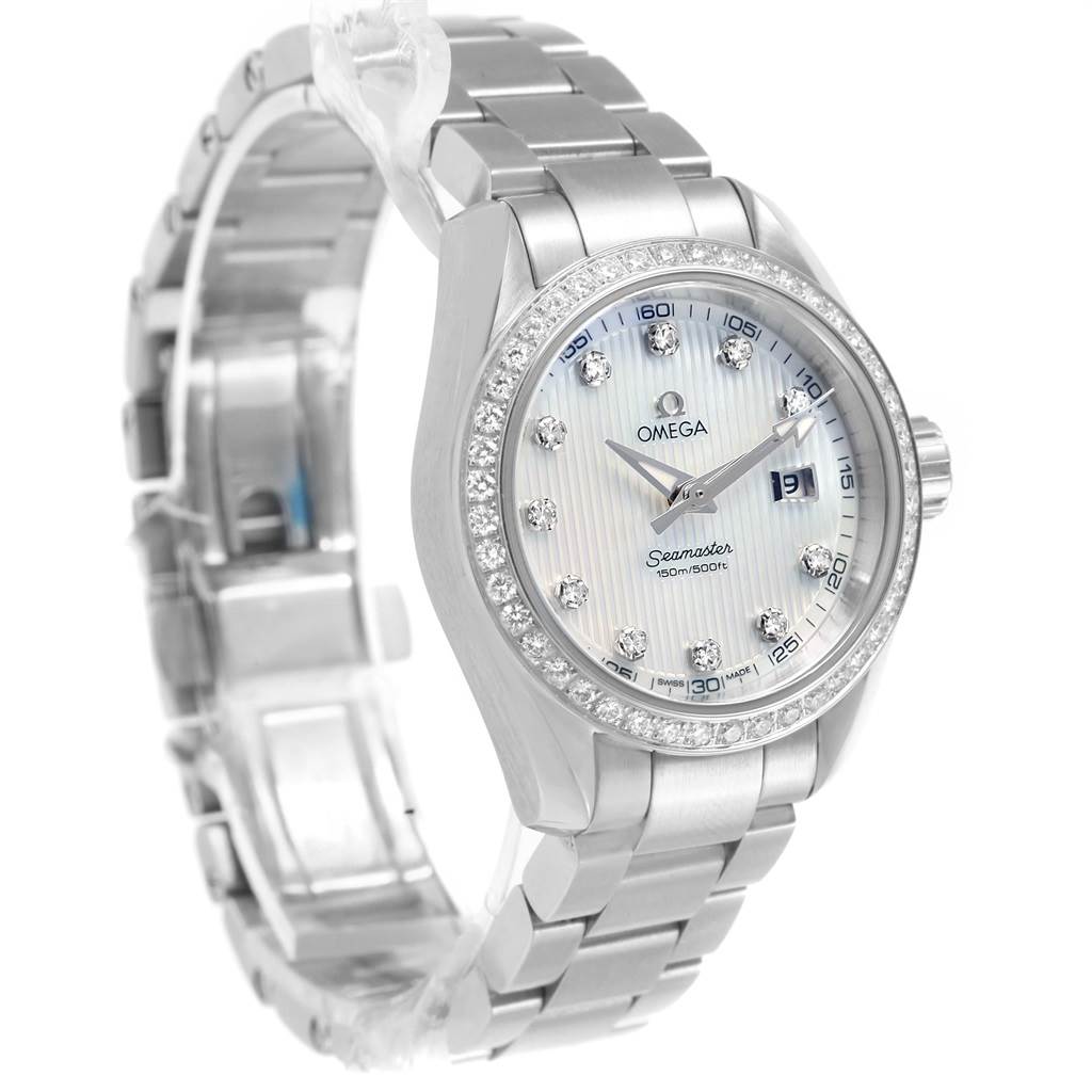 The Omega 231.15.30.61.55.001 Women's Stainless Steel Mother of Pearl Dial 231.15.30.61.55.001 Women's Stainless Steel Mother of Pearl Dial Aqua Terra MOP Diamond Ladies Watch 231.15.30.61.55.001 is shown at a three-quarter angle, highlighting its dial, bracelet, and diamond bezel details.