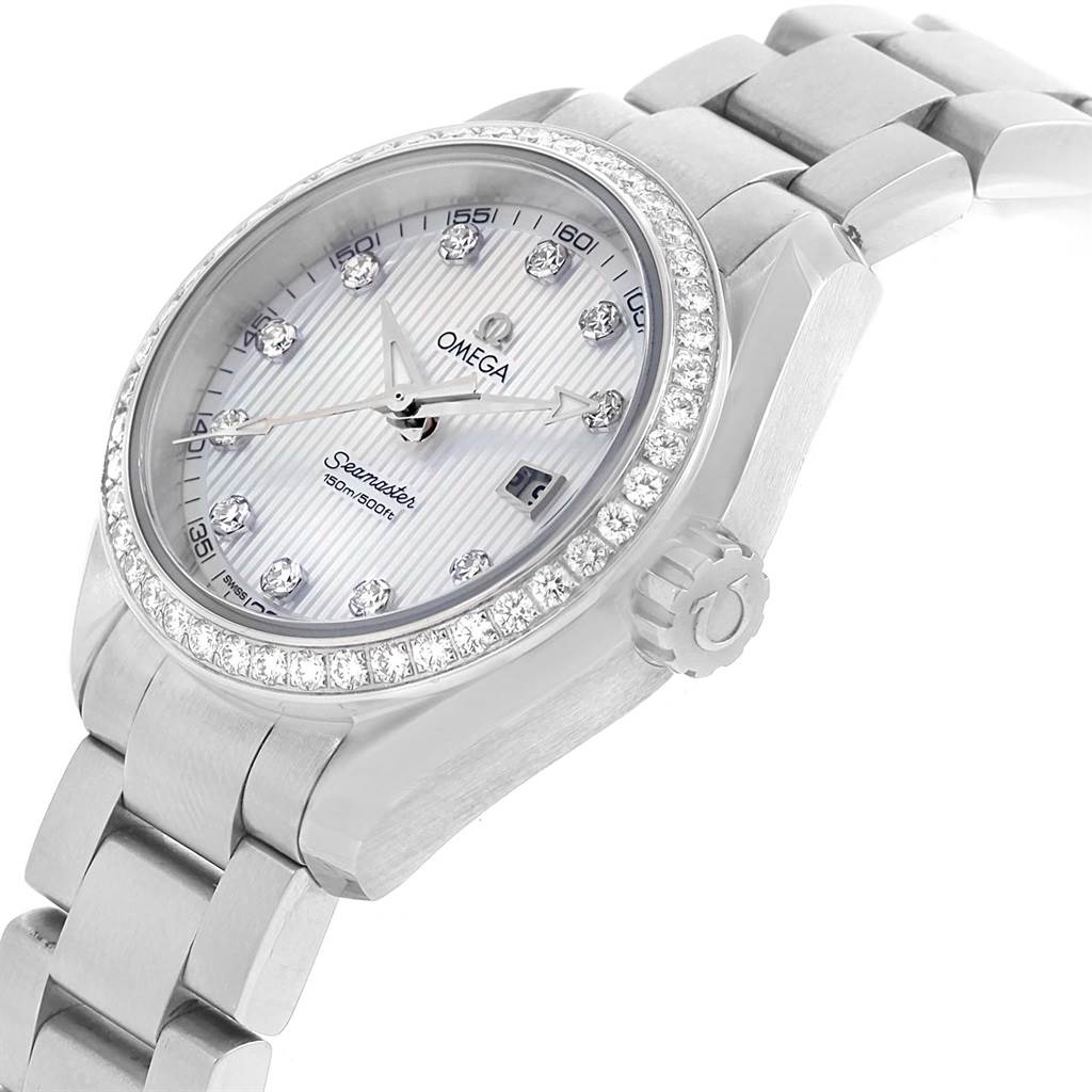 The image shows an angled view of the Omega 231.15.30.61.55.001 Women's Stainless Steel Mother of Pearl Dial 231.15.30.61.55.001 Women's Stainless Steel Mother of Pearl Dial Aqua Terra MOP Diamond Ladies Watch 231.15.30.61.55.001, highlighting the face, bezel, and bracelet.