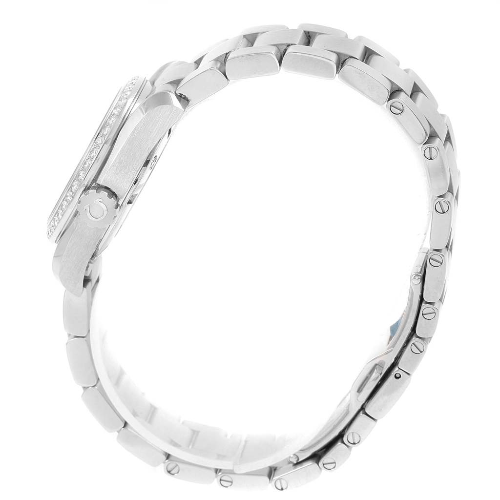 The image shows a side view of the Omega 231.15.30.61.55.001 Women's Stainless Steel Mother of Pearl Dial 231.15.30.61.55.001 Women's Stainless Steel Mother of Pearl Dial Aqua Terra MOP Diamond Ladies Watch 231.15.30.61.55.001, focusing on the bracelet and side case.