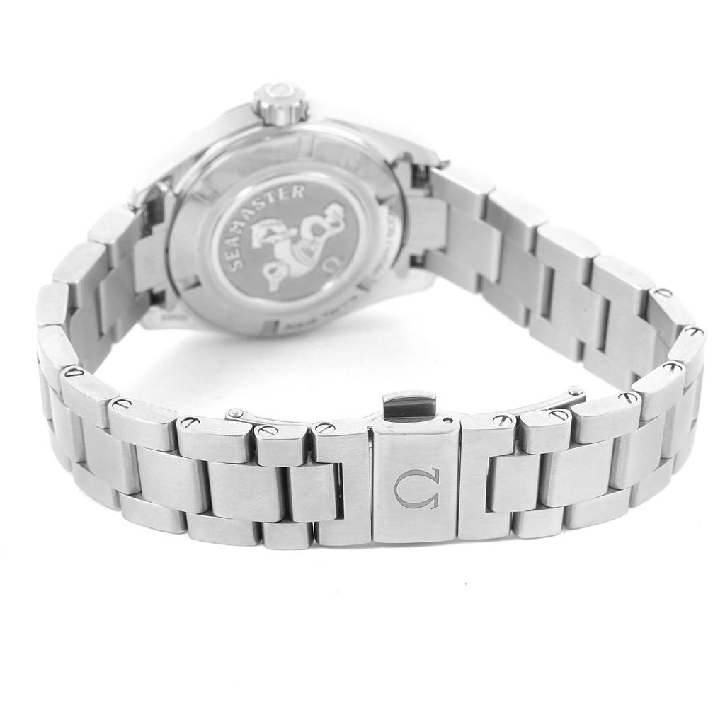 The image shows the back view of the Omega 231.15.30.61.55.001 Women's Stainless Steel Mother of Pearl Dial 231.15.30.61.55.001 Women's Stainless Steel Mother of Pearl Dial Aqua Terra MOP Diamond Ladies Watch 231.15.30.61.55.001, highlighting the bracelet and clasp.