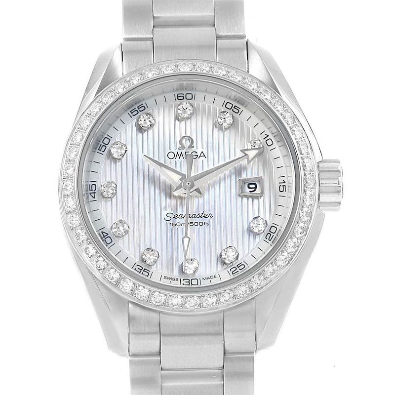 This image shows a front view of the Omega Aqua Terra MOP Diamond Ladies Watch 231.15.30.61.55.001, highlighting the dial and bezel.