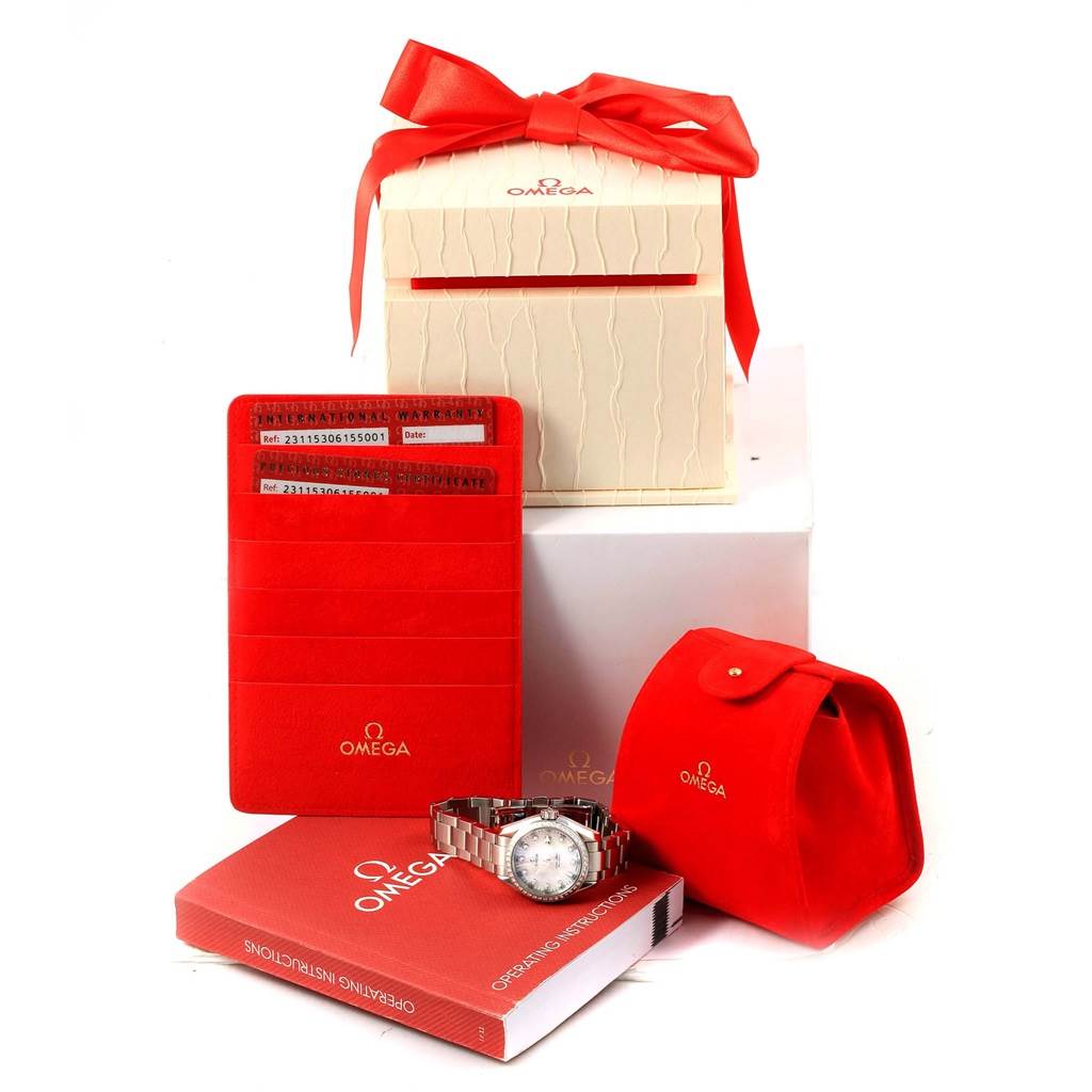 The image shows the Omega 231.15.30.61.55.001 Women's Stainless Steel Mother of Pearl Dial 231.15.30.61.55.001 Women's Stainless Steel Mother of Pearl Dial Aqua Terra MOP Diamond Ladies Watch 231.15.30.61.55.001, its box, instructions, wallet, and case from a front angle.