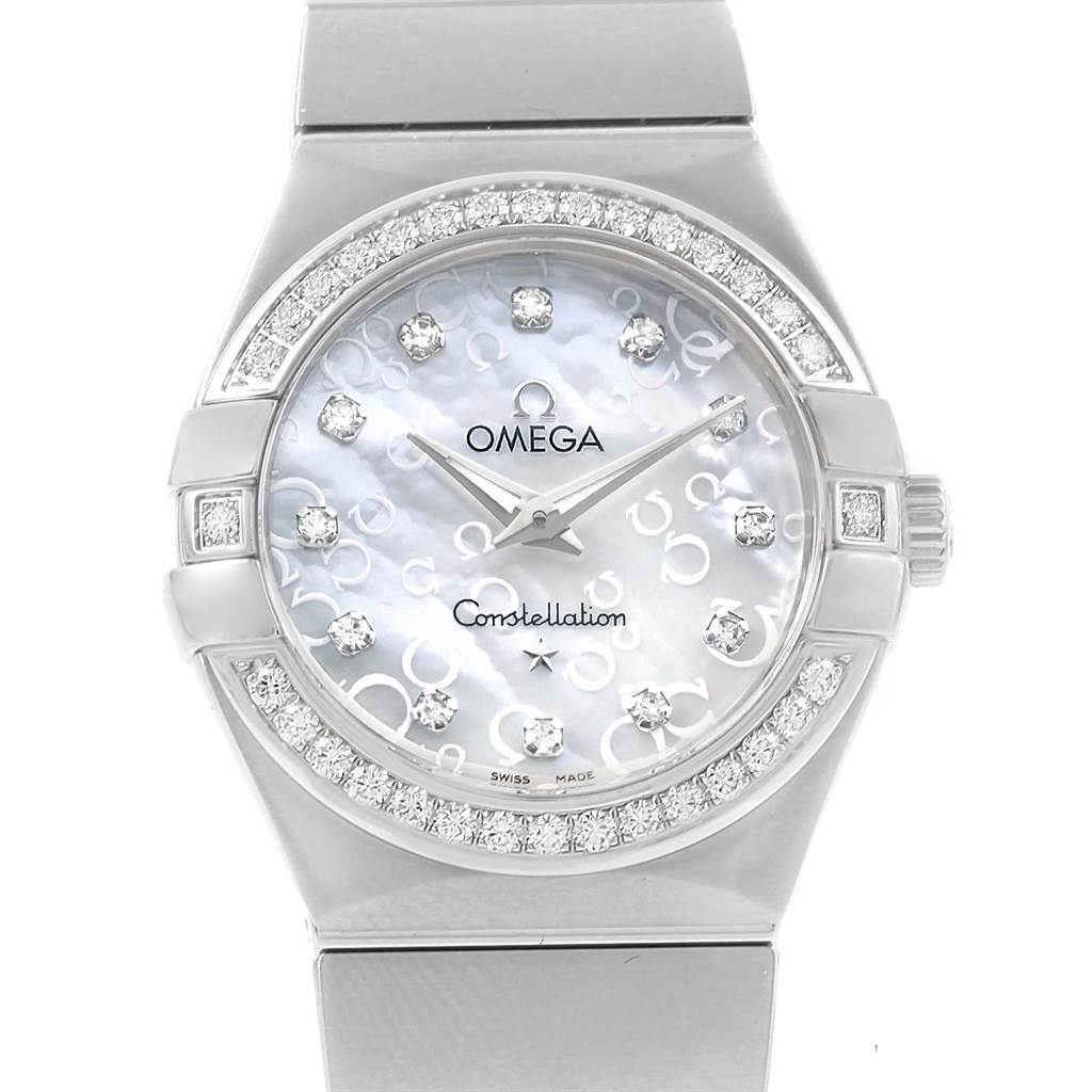 This image shows a front view of the Omega 123.15.27.60.55.005 Women
s Stainless Steel Mother of Pearl Dial 123.15.27.60.55.005 Women
s Stainless Steel Mother of Pearl Dial Constellation Diamonds Ladies Watch 123.15.27.60.55.005, highlighting the dial and bezel.