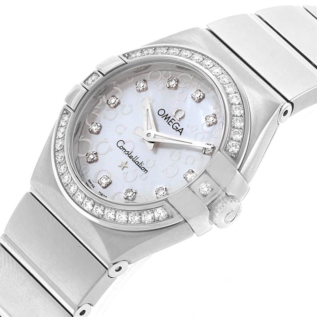 The image shows a close-up view of the dial, bezel, and part of the strap of the Omega 123.15.27.60.55.005 Women
s Stainless Steel Mother of Pearl Dial 123.15.27.60.55.005 Women
s Stainless Steel Mother of Pearl Dial Constellation Diamonds Ladies Watch 123.15.27.60.55.005.