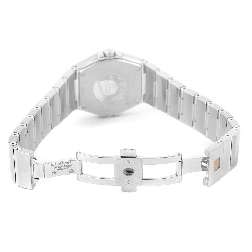 The image shows the back and open clasp of the Omega 123.15.27.60.55.005 Women
s Stainless Steel Mother of Pearl Dial 123.15.27.60.55.005 Women
s Stainless Steel Mother of Pearl Dial Constellation Diamonds Ladies Watch 123.15.27.60.55.005.