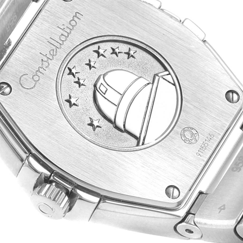 Shown is the case back of the Omega 123.15.27.60.55.005 Women
s Stainless Steel Mother of Pearl Dial 123.15.27.60.55.005 Women
s Stainless Steel Mother of Pearl Dial Constellation Diamonds Ladies Watch model 123.15.27.60.55.005.